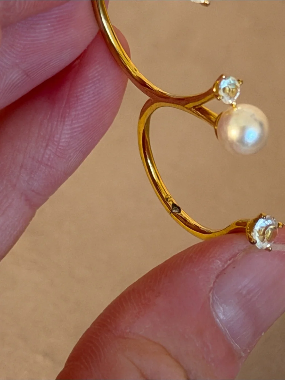 Gold Faux Pearl and Crystal Double Ring